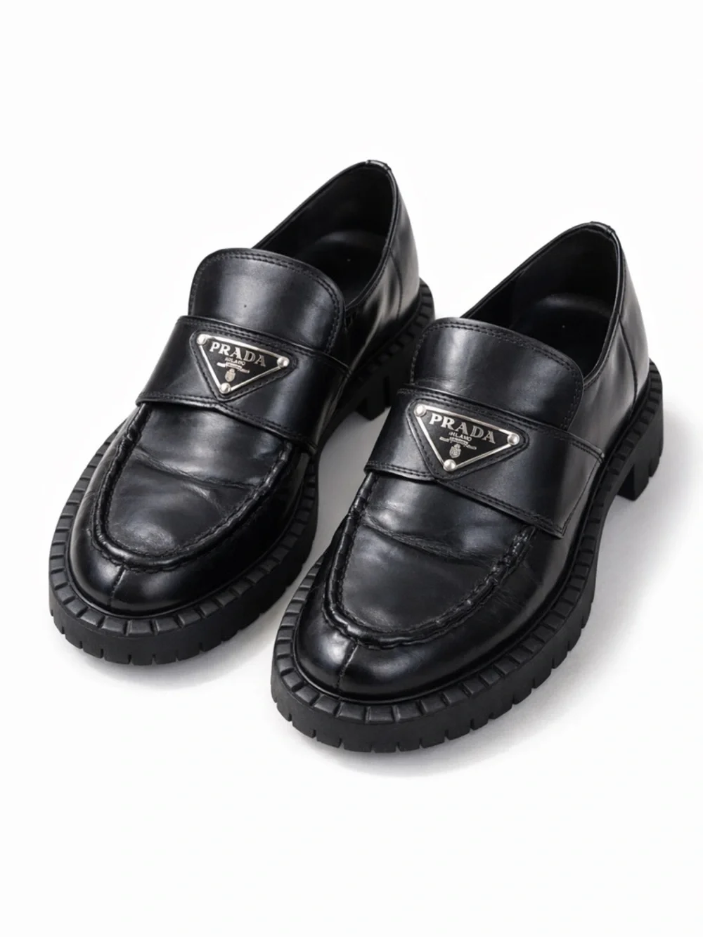 Prada Black Leather Logo Penny Loafers Leather penny loafers in black - Prada | Mytheresa main image 3